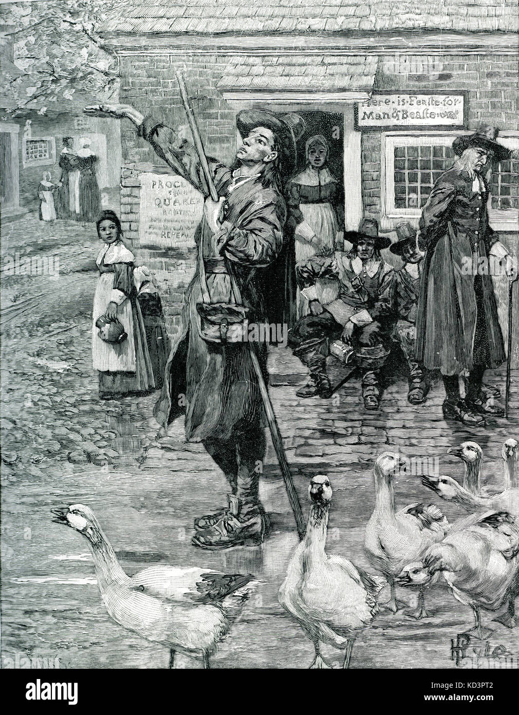 Quaker exhorter in New England, Massachusetts, 1600s. Illustration by Howard Pyle, 1906 Stock Photo
