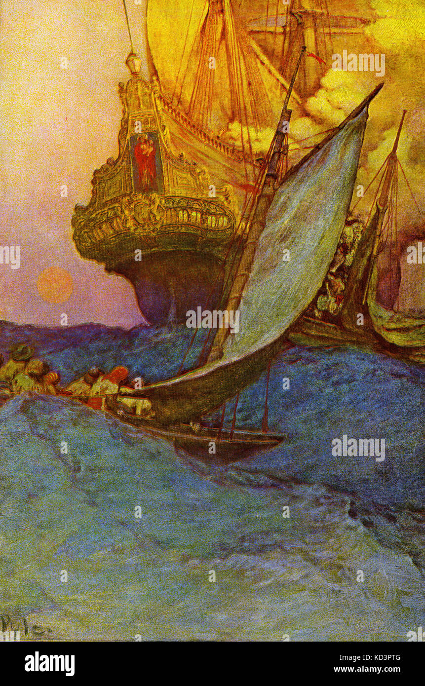 Pirate attack on a galleon - small sailboat approaching the galleon which is under fire from the pirate ship. Illustration by Howard Pyle Stock Photo