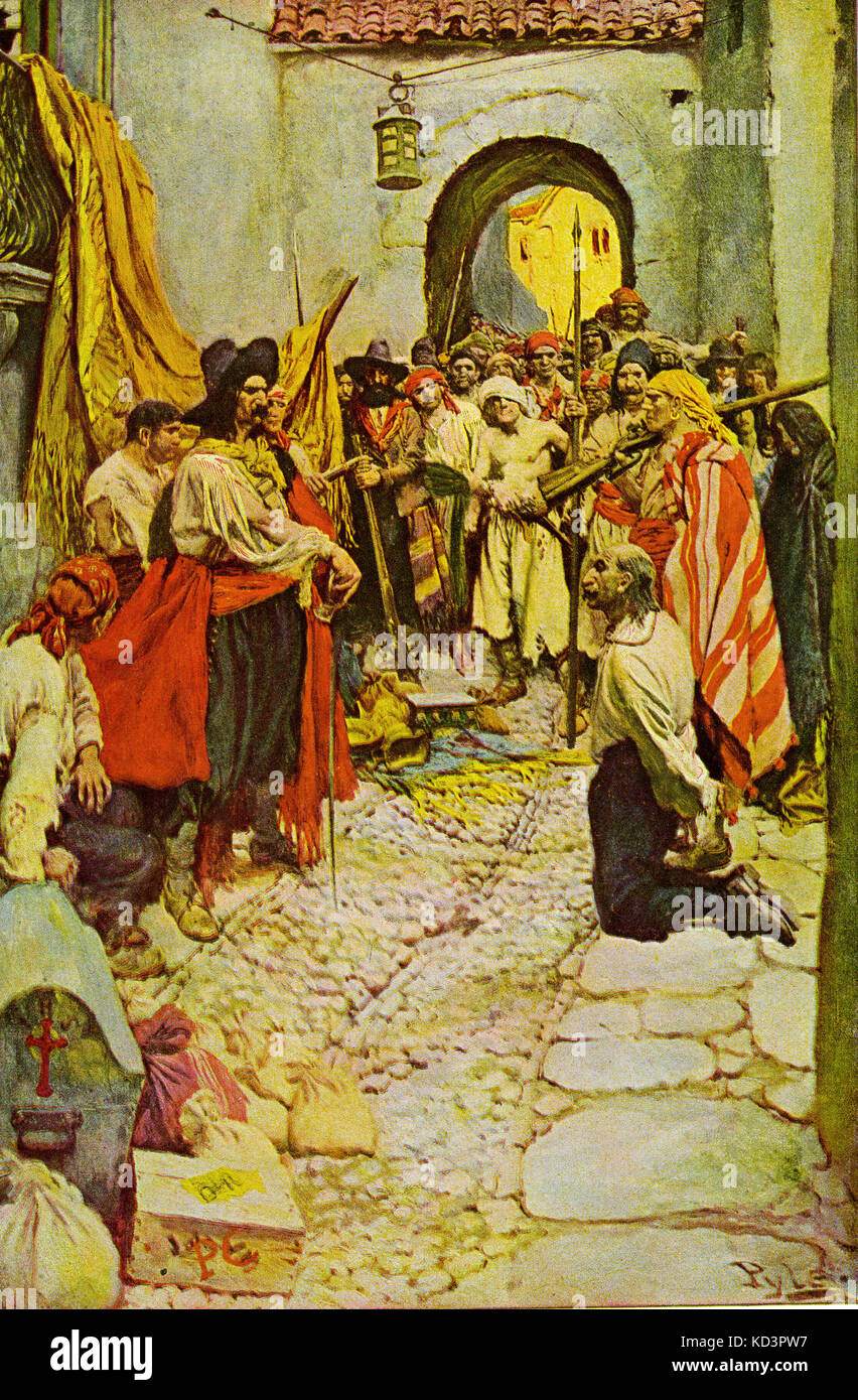 Pirates extorting tribute from the citizens of Cartagena, Colombia. Illustration by Howard Pyle from The Fate of a Treasure Town Stock Photo