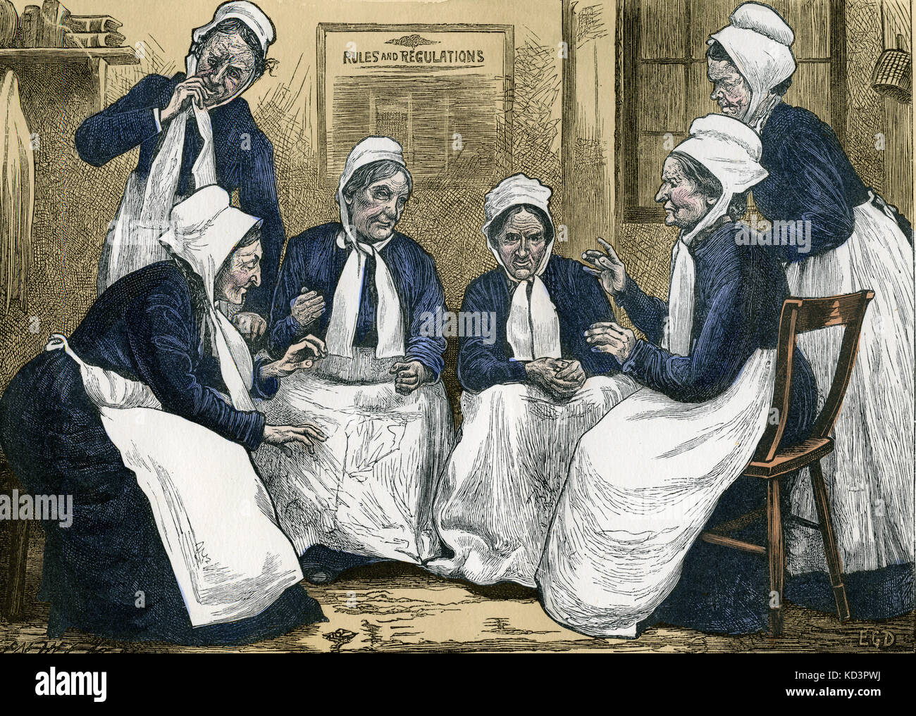 A Walk in the Workhouse- article  by Charles Dickens. Caption reads: . In another room, were several ugly old women crouching, witch-like, round a hearth and chattering and nodding, after the manner of the monkeys.'   English novelist, 7 February 1812 - 9 June 1870. Illustration by Edward G Daziel   .  London . Chapman and Hall. Stock Photo