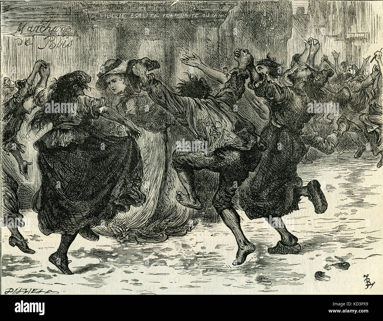 A Tale of Two Cities. A wild mob of citizens dance the Carmagnole down the street, surrounding Lucie Manette as she goes to the prison where Darnay is held, book 3 chapter 5.  Novel by Charles Dickens, English novelist, 7 February 1812 - 9 June 1870. Illustration by Frederick (Fred) Barnard. London. Chapman and Hall. Stock Photo