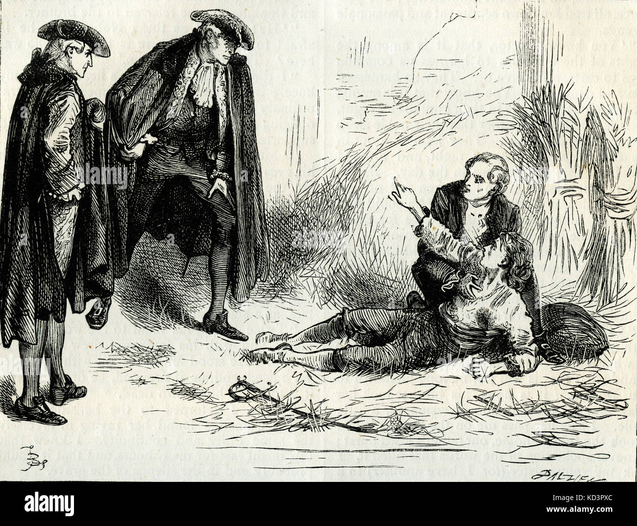 A Tale of Two Cities. A peasant man stabbed by the young Marquis St Evrémonde and his brother, curses them and their family line, book 3 chapter 10. Caption reads: 'Twice he put his hand to the wound in his breast, and with his forefinger drew a cross in the air.' Novel by Charles Dickens, English novelist, 7 February 1812 - 9 June 1870. Illustration by Frederick (Fred) Barnard. London. Chapman and Hall. Stock Photo