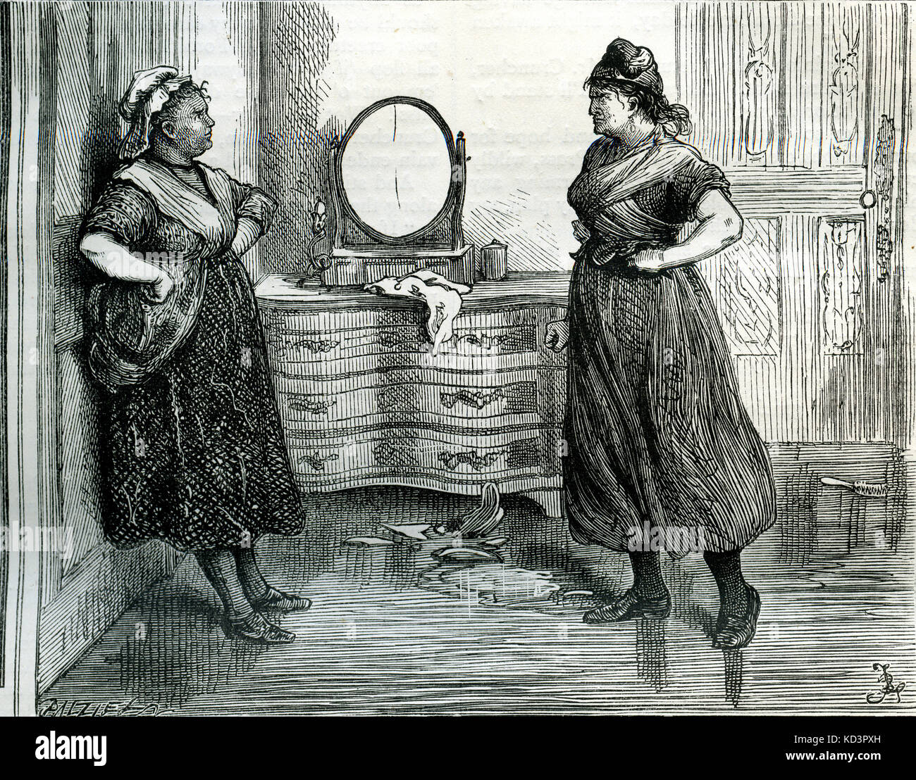 A Tale of Two Cities. Confrontation between Madame Defarge and Miss Pross, book 3 chapter 14. Caption reads: 'You might, from your appearance, be the wife of Lucifer' said miss Pross in her breathing. 'Nevertheless, you shall not get the better of me. I am an Englishwoman.' Novel by Charles Dickens, English novelist, 7 February 1812 - 9 June 1870. Illustration by Frederick (Fred) Barnard. London. Chapman and Hall. Stock Photo