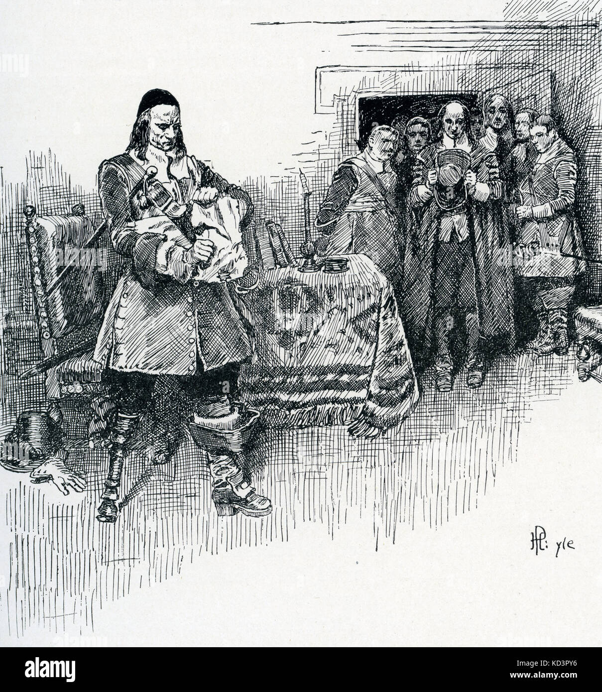 Peter Stuyvesant, last Dutch governor of New York (then New Amsterdam), tears up the letter sent in the name of Charles II and James, Duke of York, demanding the surrender of New York to the British 1664. Illustration by Howard Pyle, 1883 Stock Photo