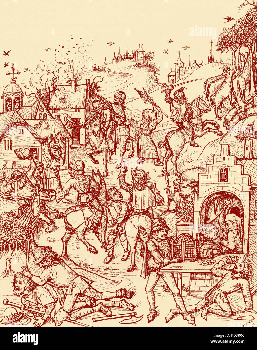 Pillaging of a Medieval German village by a robber baron - feudal landowner resorting to banditry, protected by his legal status, in order to alleviate financial difficulty, 15th century illustration Stock Photo