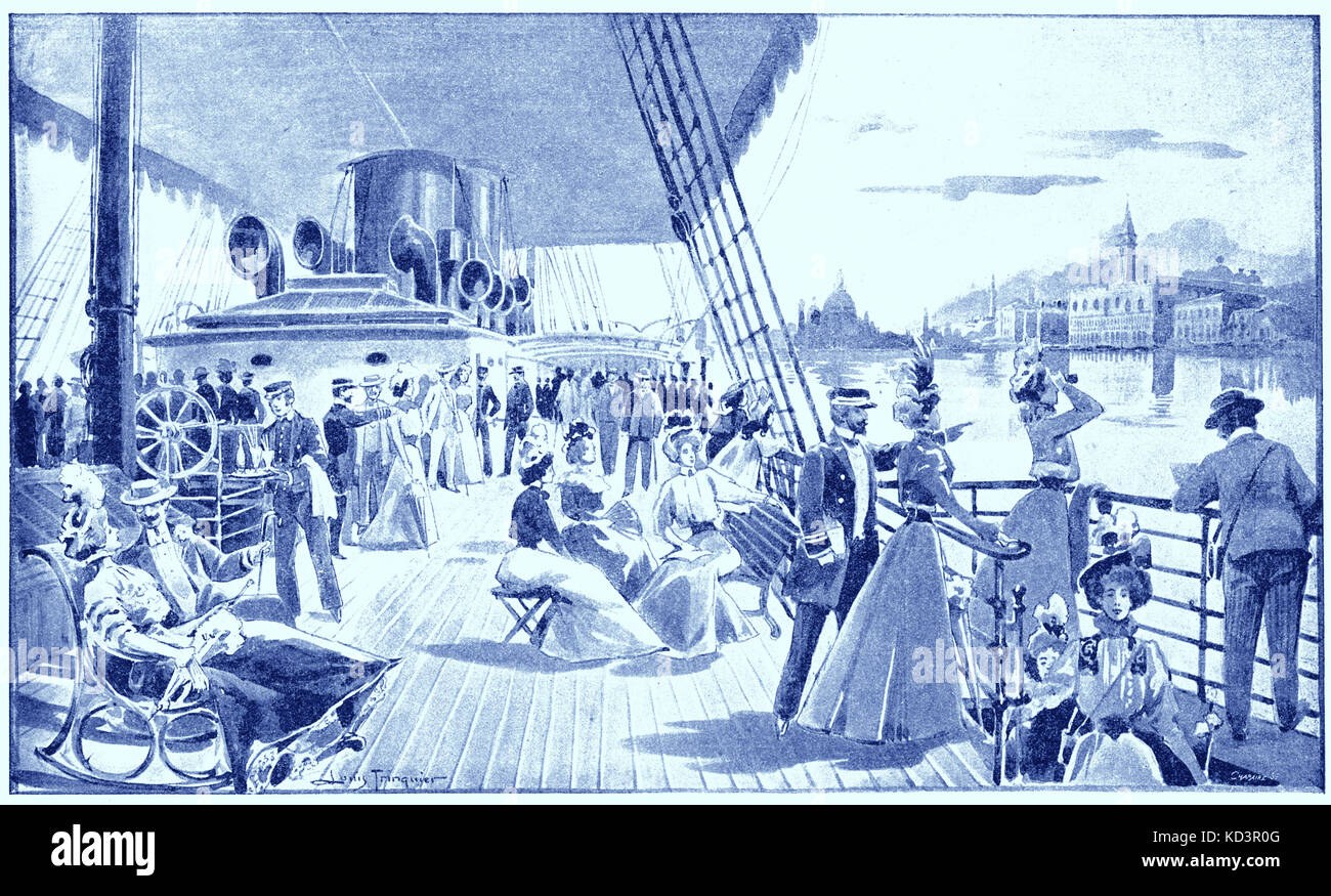 Passengers on the deck of a steam boat arriving into the port of a town. 1899 illustration by Louis Trinquier (1853 - 1922) Stock Photo