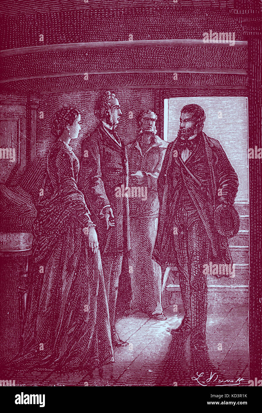 Around the World in Eighty Days / Le tour du monde en quatre-vingts jours by Jules Verne. First published 1873 (illustration from 1892 edition  by Leon Benett). Caption reads: 'I regret having nothing better to offer you', said Mr Fogg to Fix? '  Chapter 20 ; In which Fix comes face to face with Phileas Fogg.   JV French novelist 8 February 1828 – 24 March 1905.  (Phileas Fogg of London and his  French valet Passepartout attempt to circumnavigate the world in 80 days on a £20,000 wager  set by his friends at the Reform Club). Stock Photo