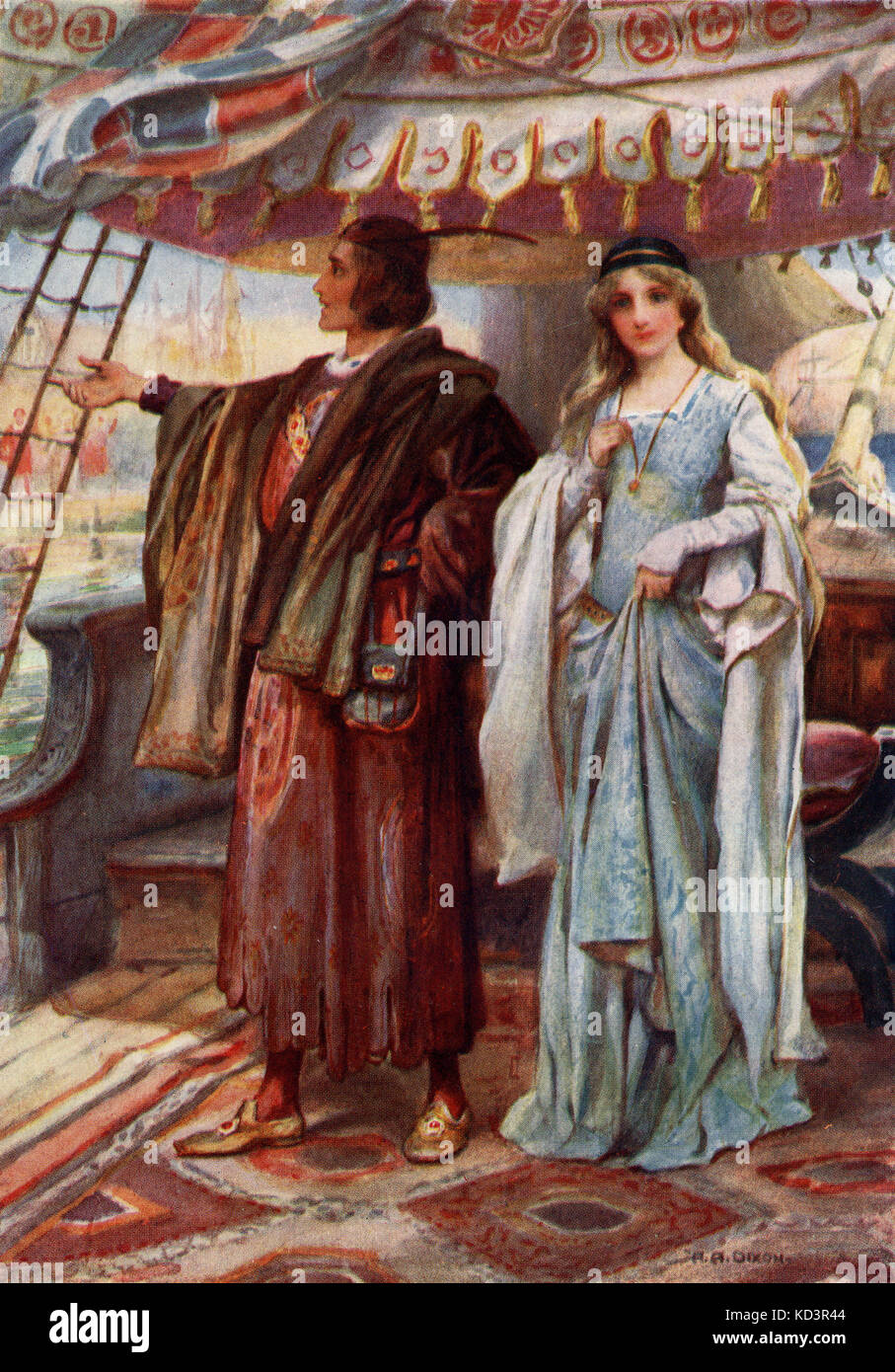 The Golden Legend by Henry Wadsworth Longfellow. Written in 1851.  Caption reads: Prince Henry and Elsie sailing homeward. Illustration by A A Dixon dates not known). American poet 1807 -1882 Stock Photo