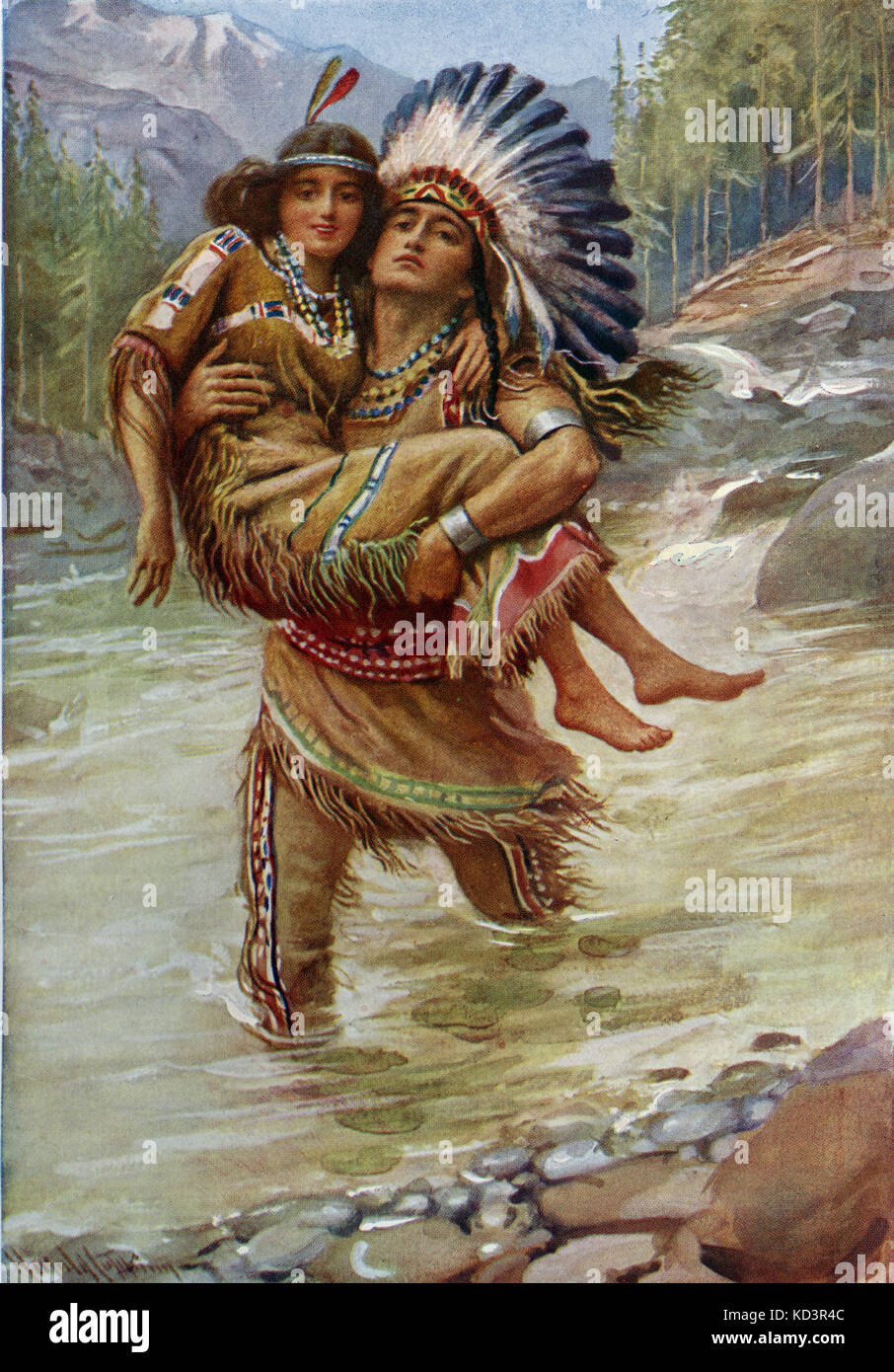 Hiawatha by Henry Wadsworth Longfellow. Written in 1847.  Written 1855. Caption reads:  Hiawatha and Minnehaha. Illustration by  Harold Copping. HWL:  American poet 1807 -1882 Stock Photo