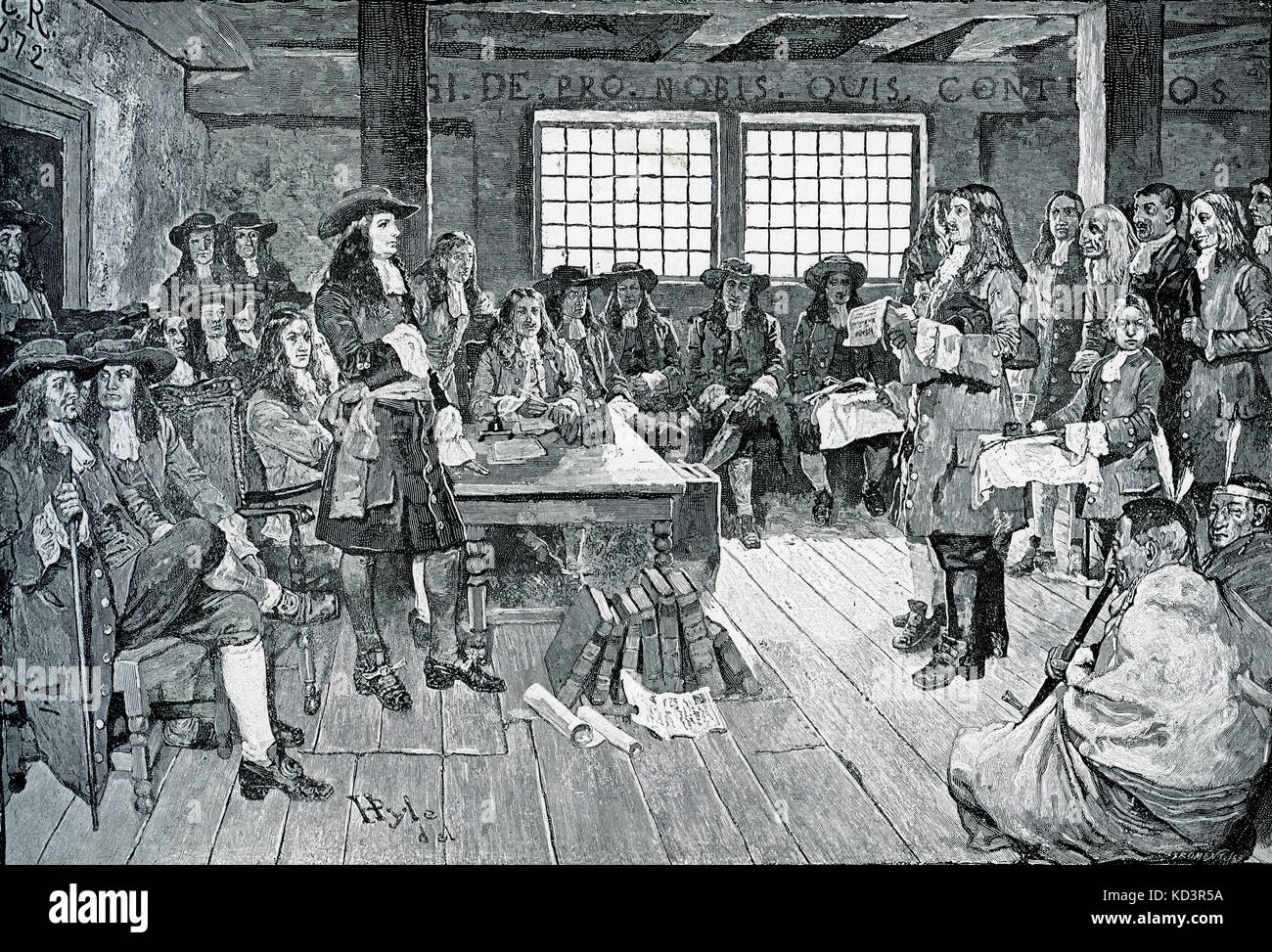 William Penn on his first visit to America, 1682. Founding of Pennsylvania. The colonists pledge allegiance to Penn as their new proprietor. Illustration by Howard Pyle, 1883 Stock Photo