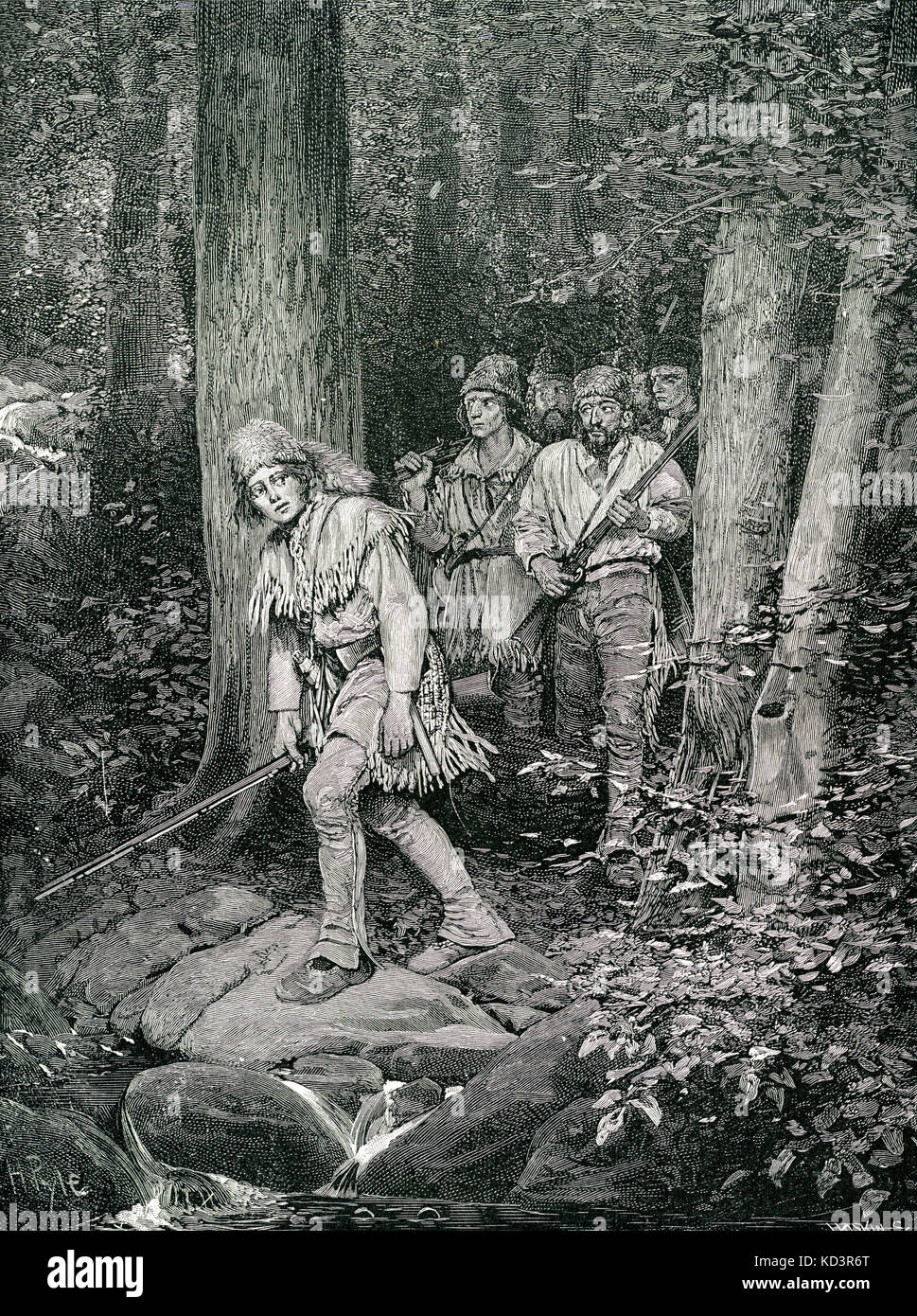 Joseph Brown leads a siege party to Nickajack. Son of Colonel James Brown who had been captured by a Chickamaugan raiding party is hired to lead an expedition back to their camp by the Mero District militia in 1794. Illustration by Howard Pyle, 1887 Stock Photo