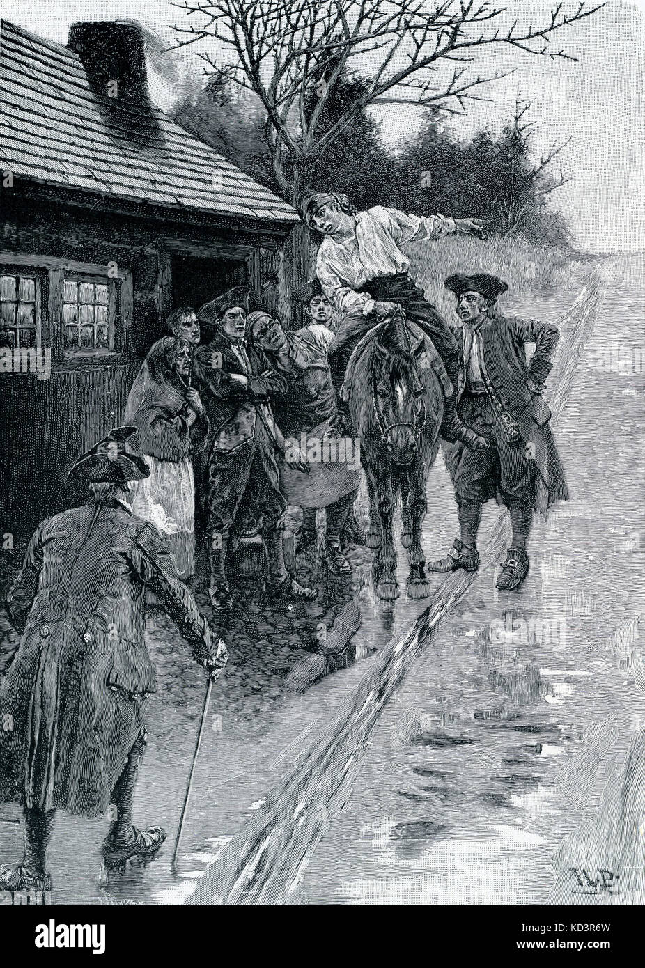 Tennessee settlers in a frontier town, 1700s. A young man rides into town to warn of a coming Cherokee raid. Illustration by Howard Pyle, 1887 Stock Photo