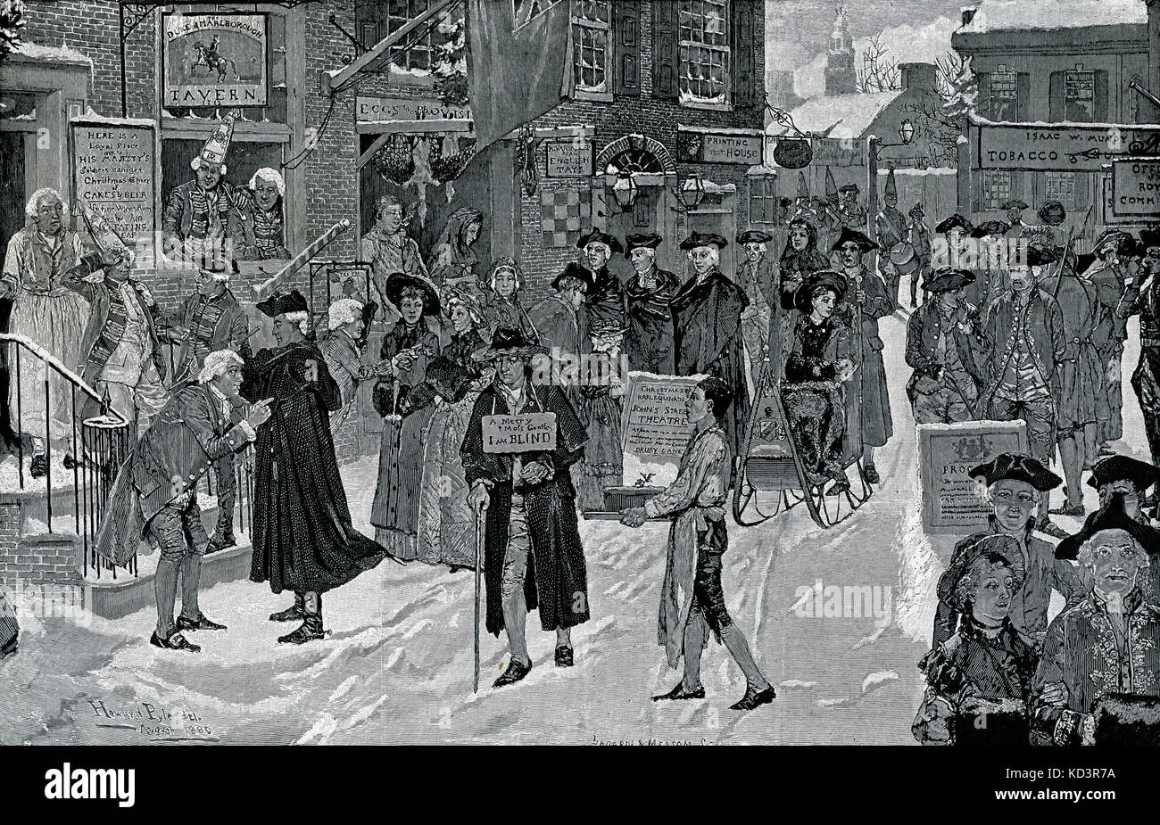 Christmas morning in old New York, 1700s before the American Revolution. Illustration by Howard Pyle, 1880 Stock Photo