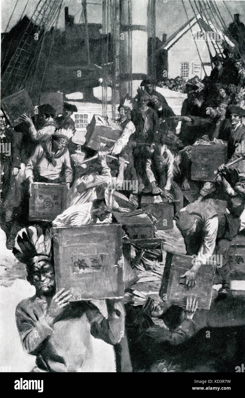 Boston Tea Party, 1773,  political protest by the Sons of Liberty in Boston, Massachusetts. The demonstrators, some disguised as Native Americans, destroyed an entire shipment of tea sent by the East India Company to protest the Tea Act of 1773. Illustration by Howard Pyle, 1901 Stock Photo