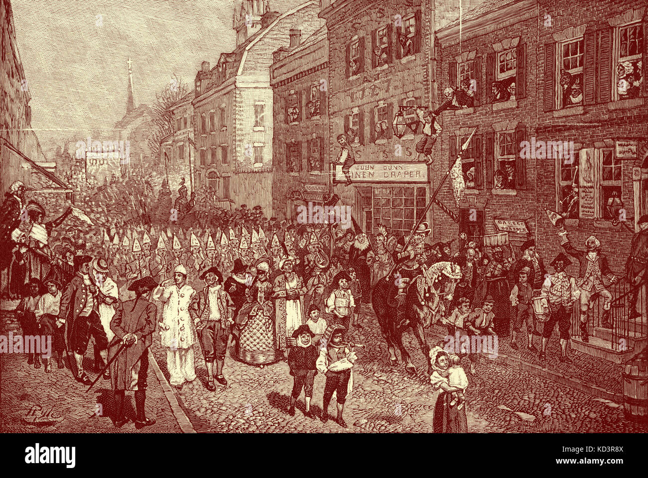Lenten carnival, Philadelphia, colonial America, 1700s. Illustration by Howard Pyle, 1901 Stock Photo