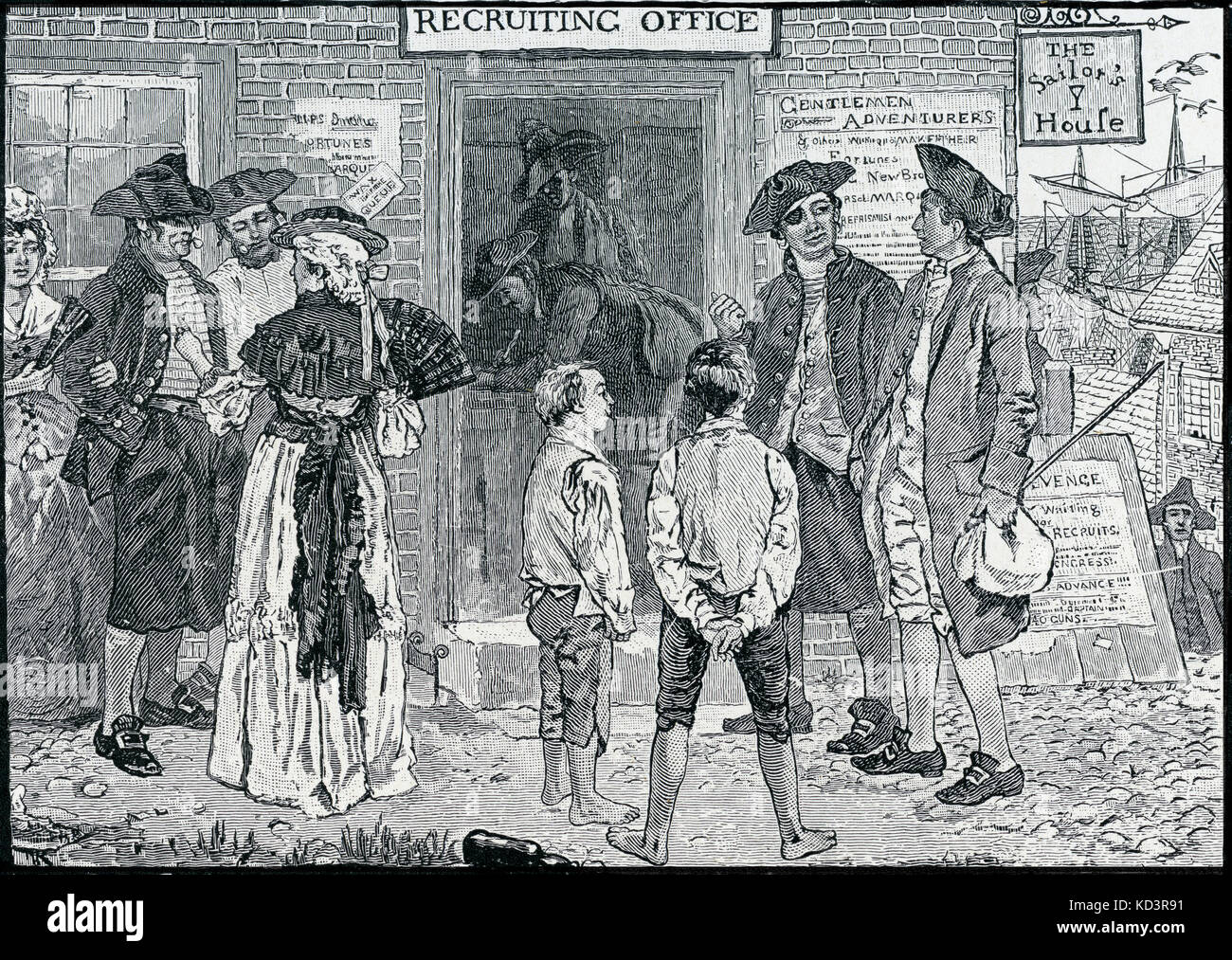 Revolutionary recruting office for American privateers, New London, Connecticut. American Revolution, 1765 - 1783. Illustration by Howard Pyle, 1896 Stock Photo