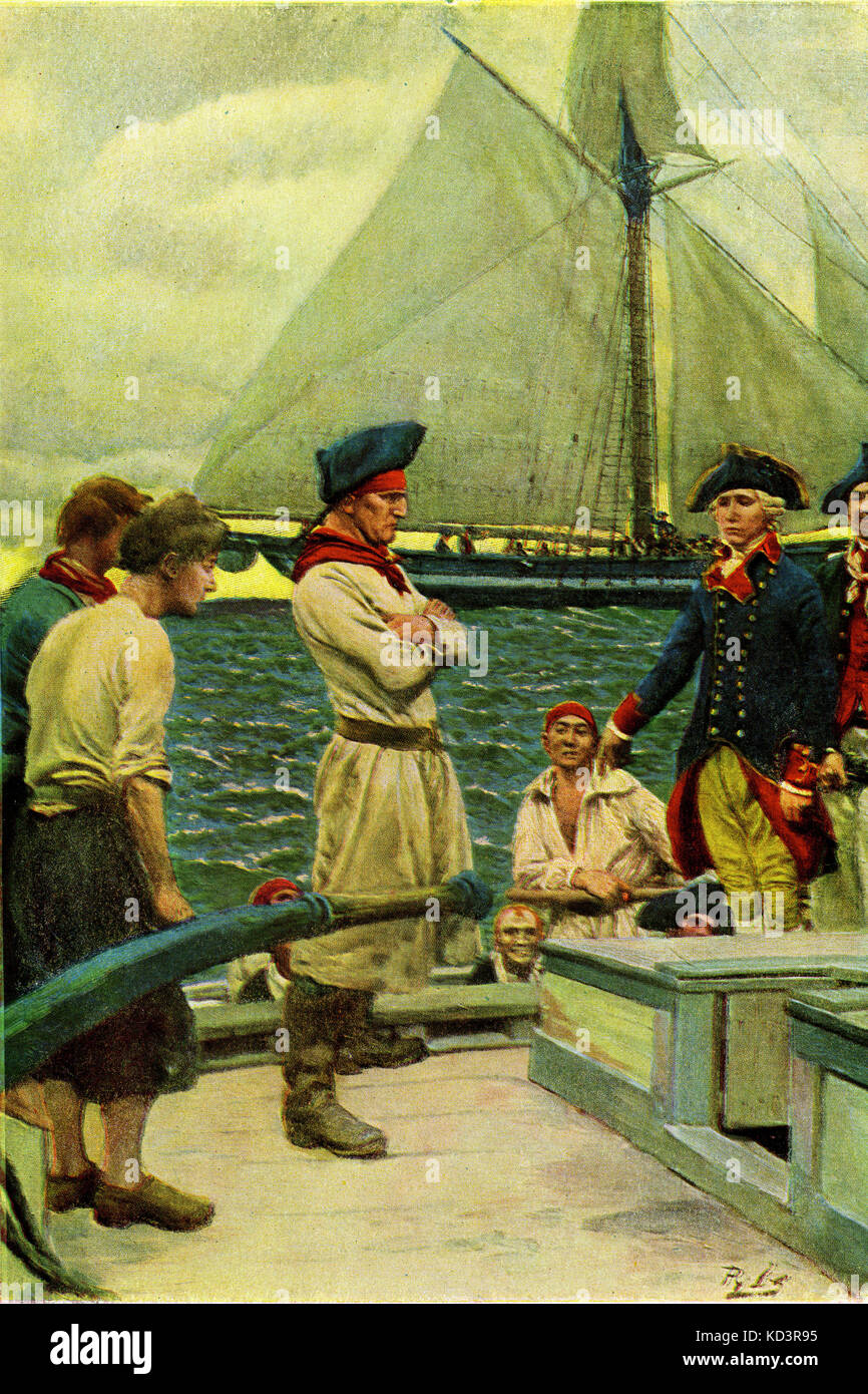 American privateer taking a British ship. American Revolution, 1765 - 1783. Illustration by Howard Pyle, 1908 Stock Photo