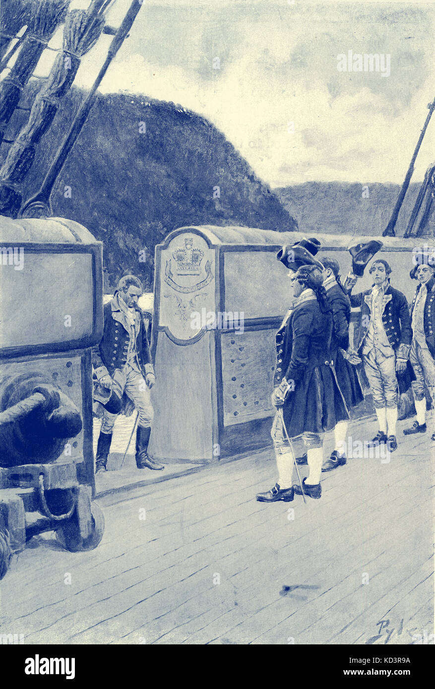 The escape of American Revolutionary general Benedict Arnold (1741 - 1801) onto the British ship Vulture, 1780, after defecting to the British. American Revolution. Illustration by Howard Pyle, 1896 Stock Photo