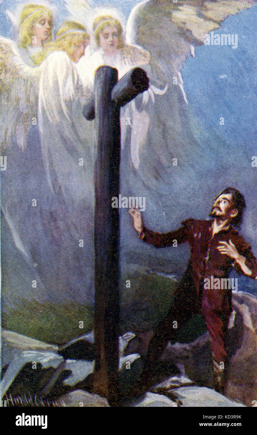 ' The Pilgrim's Progress from this world to that which is to come delivered under the similitude of a dream ' by John Bunyan. Illustration by Harold Copping. Caption reads: ' Christian loses his burden: Now as he stood looking and weeping, behold three Shining Ones came to him' (Chrisitian at the Cross) Stock Photo