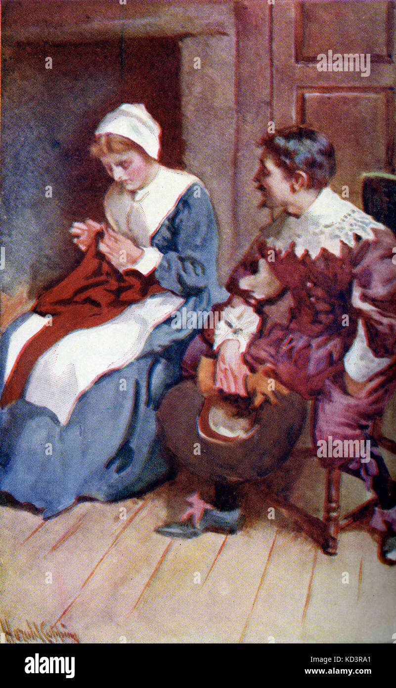' The Pilgrim's Progress from this world to that which is to come delivered under the similitude of a dream ' by John Bunyan. Illustration by Harold Copping. Caption reads: ' Mr Brisk and Mercy: So the next time he comes he finds her at her old work, amaking of things for the poor.  Then said he, What! Always at it?' Stock Photo