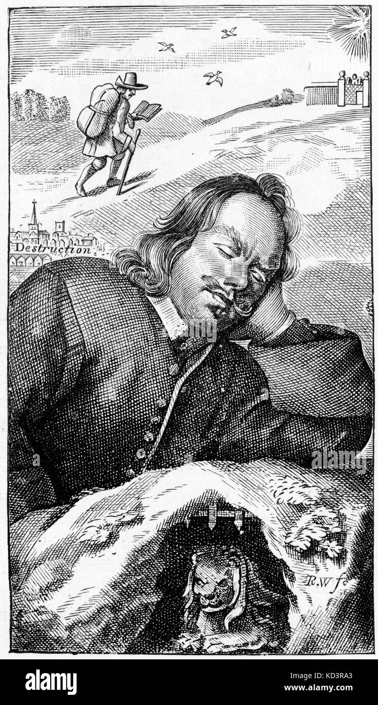 John Bunyan - frontispiece of the English writer 's book 'The Pilgrim 's Progress' (fourth edition, 1680). 'The Pilgrim's Progress from This World to that Which is to Come delivered under the Similitude of a Dream'. First published 1678. Pilgrims. JB: 28 November 1628 - 31 August 1688. English religious writer, preacher, theologian, poet. Stock Photo