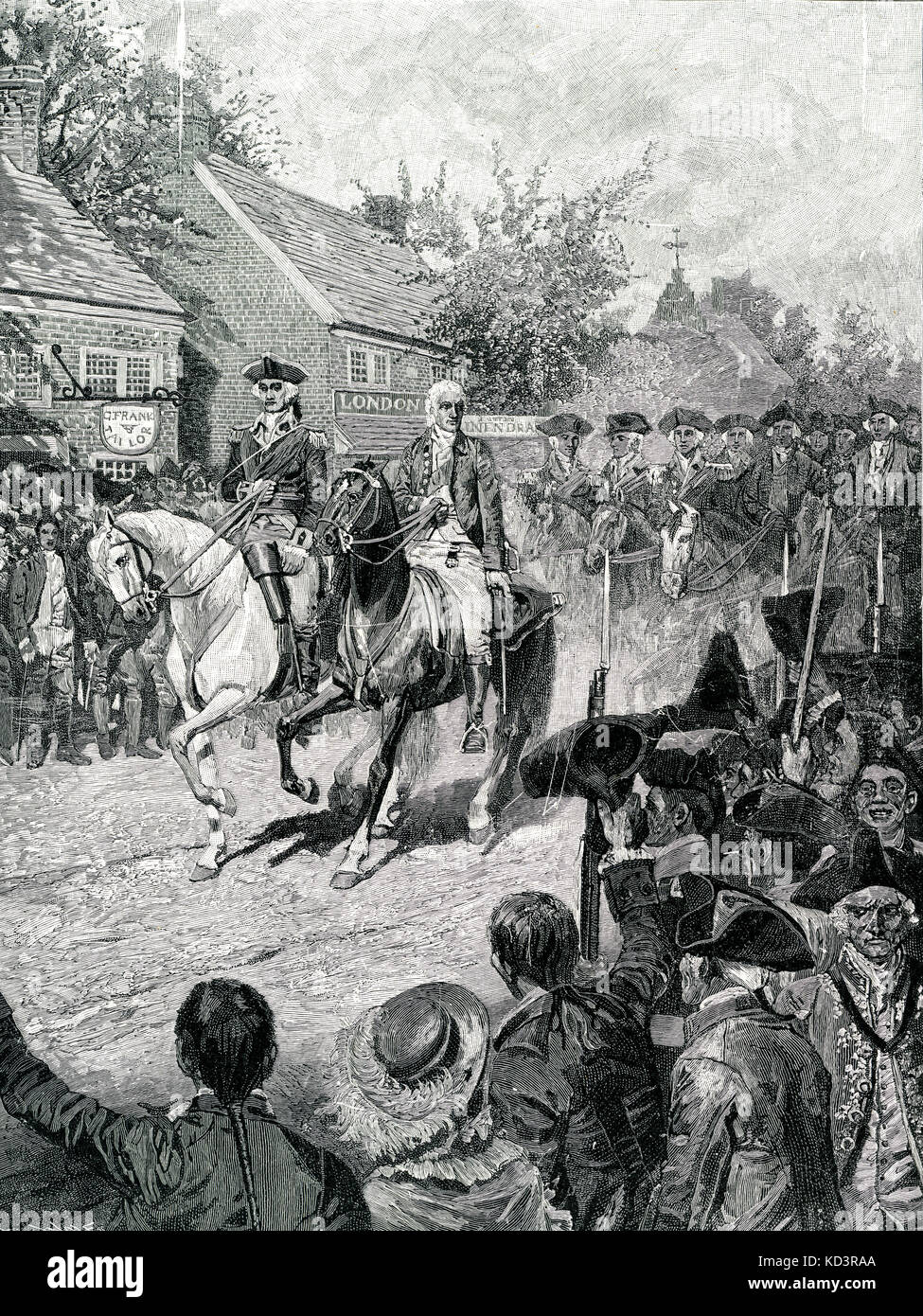 George Washington and George Clinton head the civil procession into New York, 25 November 1783. Washington's forces take posession of New York at the end of the American Revolution. British evacuation of New York. Illustration by Howard Pyle, 1896 Stock Photo