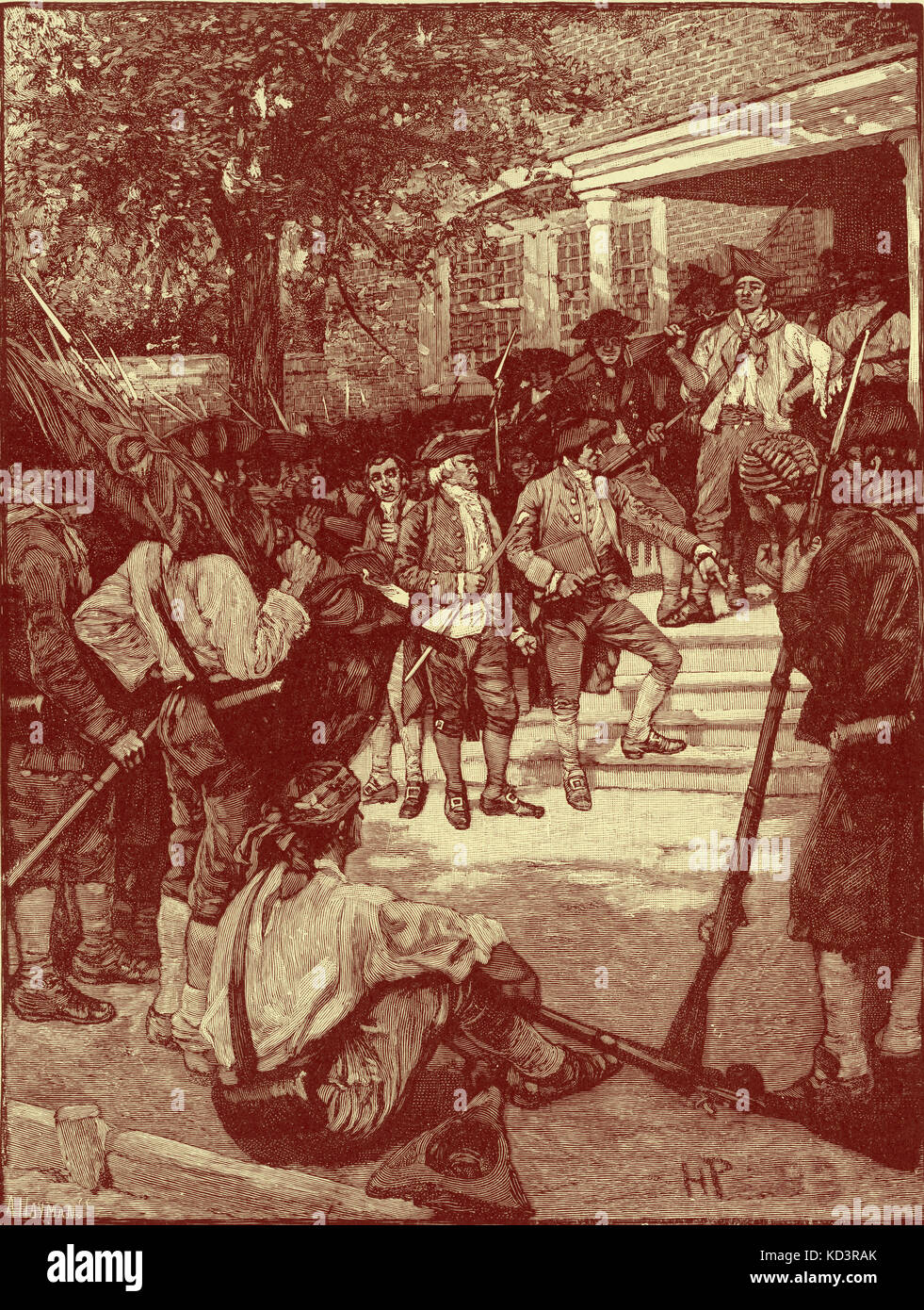 Shays' mob in possession of a courthouse. Rebellion by the people demanding paper money in Massachusetts led by Daniel Shays, 1786. Illustration by Howard Pyle, 1896 Stock Photo