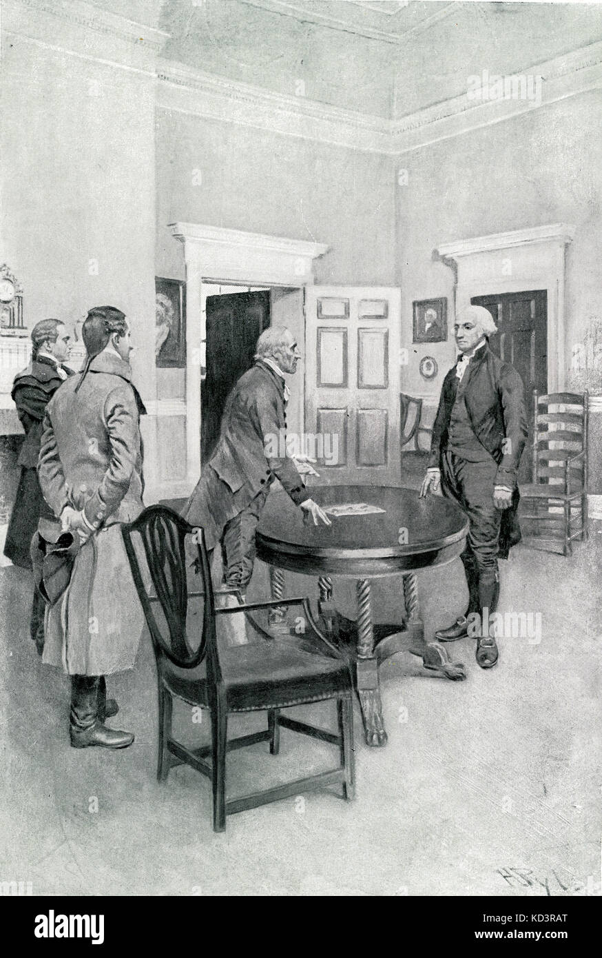 Charles Thompson announces to George Washington his election as the first President of the United States at Mount Vernon, 1789. Illustration by Howard Pyle, 1896 Stock Photo