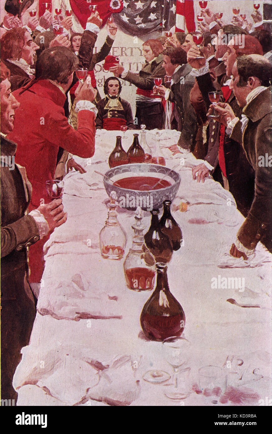 Banquet to Edmond-Charles Genet in South Carolina. Citizen Genet affair, 1793. Edmond-Charles Genêt, appointed French ambassador to the United States during the French Revolution, is received with celebrations by Democrats and Republicans in spite of Washington's neutrality. Illustration by Howard Pyle, 1897 Stock Photo