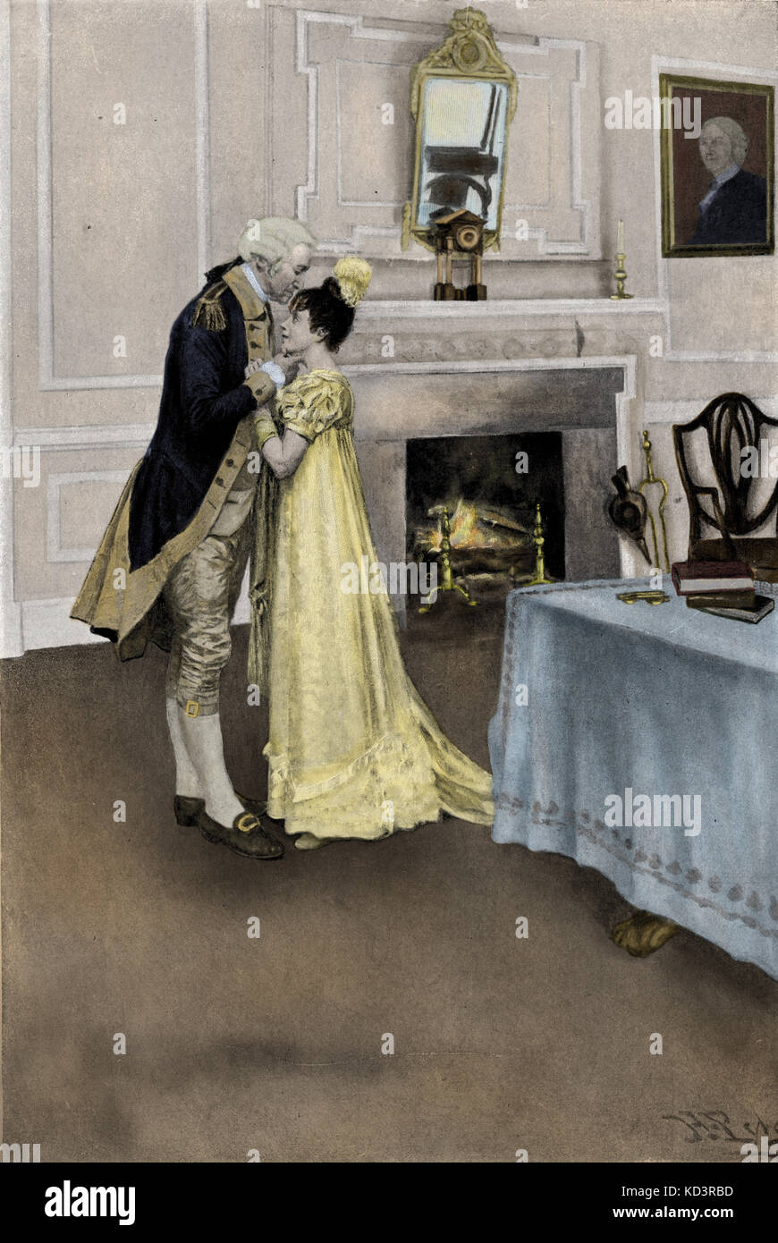 George Washington and Nellie Custis, 1790s. Eleanor Parke Custis Lewis (March 31, 1779 – July 15, 1852), granddaughter of Martha Washington, adopted as a daughter by George Washington after her father's death. Illustration by Howard Pyle, 1896 Stock Photo