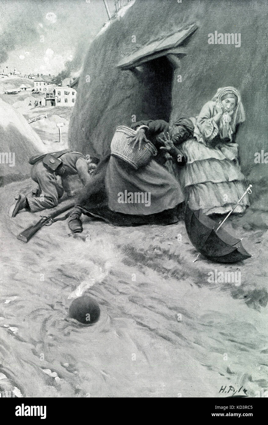Siege of Vicksburg, Vicksburg Campaign, 1863. American Civil War. Non-combattant citizens of Vicksburg sheltering in caves dug into the hillside narrowly escape shell fire. Illustration by Howard Pyle, 1909 Stock Photo