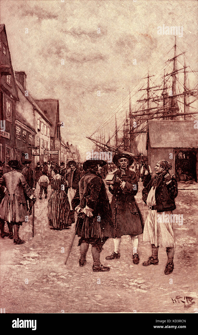 Traders of the Dutch West India Company along the waterfront, New Amsterdam (now New York), Dutch settlers c. 1630s. Illustration by Howard Pyle, 1883 Stock Photo