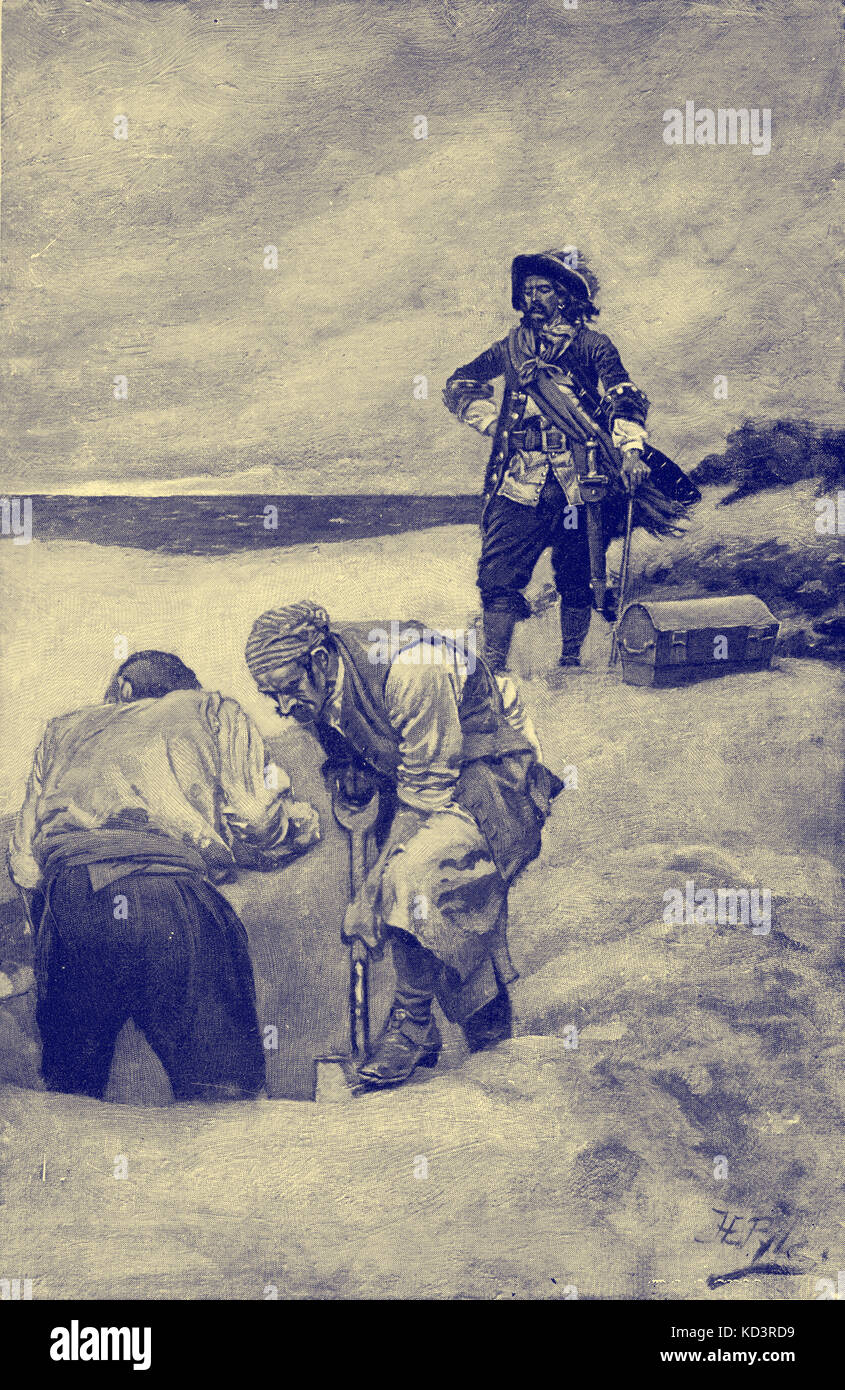 Captain William Kidd and his crew burying treasure, at Gardiner's Island. Illustration by Howard Pyle Stock Photo