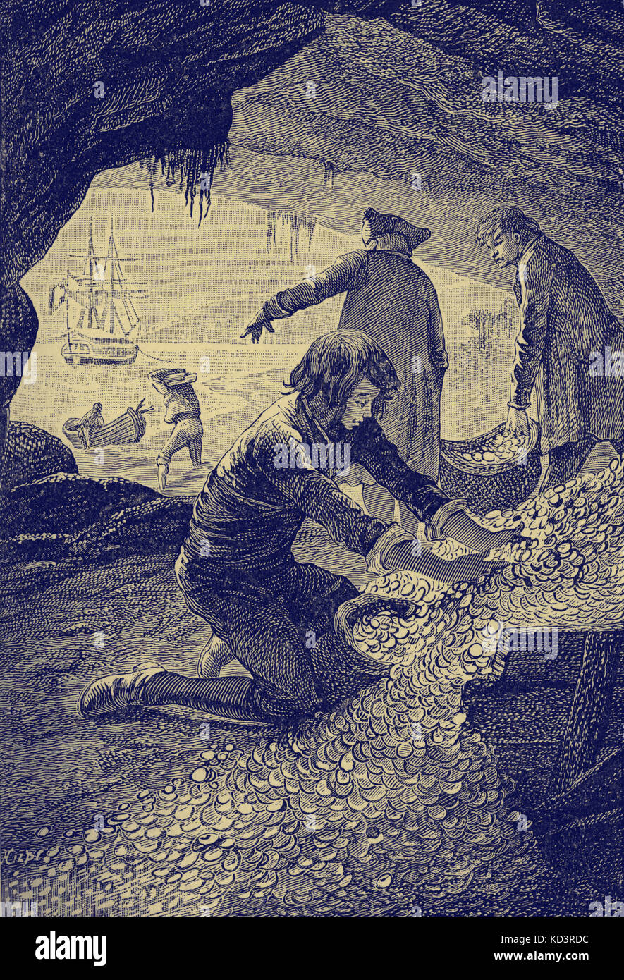 Treasure Island by Robert Louis Stevenson. Caption reads: 'I was kept busy all day in the cave, packing the minted money into bread-bags.' (Jim Hawkins - loading up the treasure.) Chapter XXXIII The The Fall of a Chieftain. First Published in 1881-82. RLS: Scottish novelist, poet, and travel writer, 13 November 1850 – 3 December 1894. Stock Photo