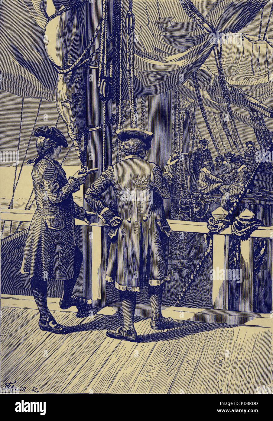 Treasure Island by Robert Louis Stevenson. Caption reads: 'If any one of you six make a sign of any description, that man's dead.' (Squire and the Captain on deck.) Ch XVI How the Ship Was Abandoned. First published as serial 1881-82. RLS: Scottish novelist, poet, and travel writer, 13 November 1850 – 3 December 1894. Stock Photo