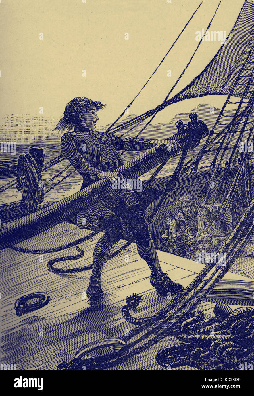 Treasure Island by Robert Louis Stevenson. Caption reads: 'I put the helm hard up, and the Hispaniola swung round rapidly.' (Jim Hawkins' return to the Hispaniola.) Chapter XXVI Israel Hands. First Published in 1881-82. RLS: Scottish novelist, poet, and travel writer, 13 November 1850 – 3 December 1894. Stock Photo