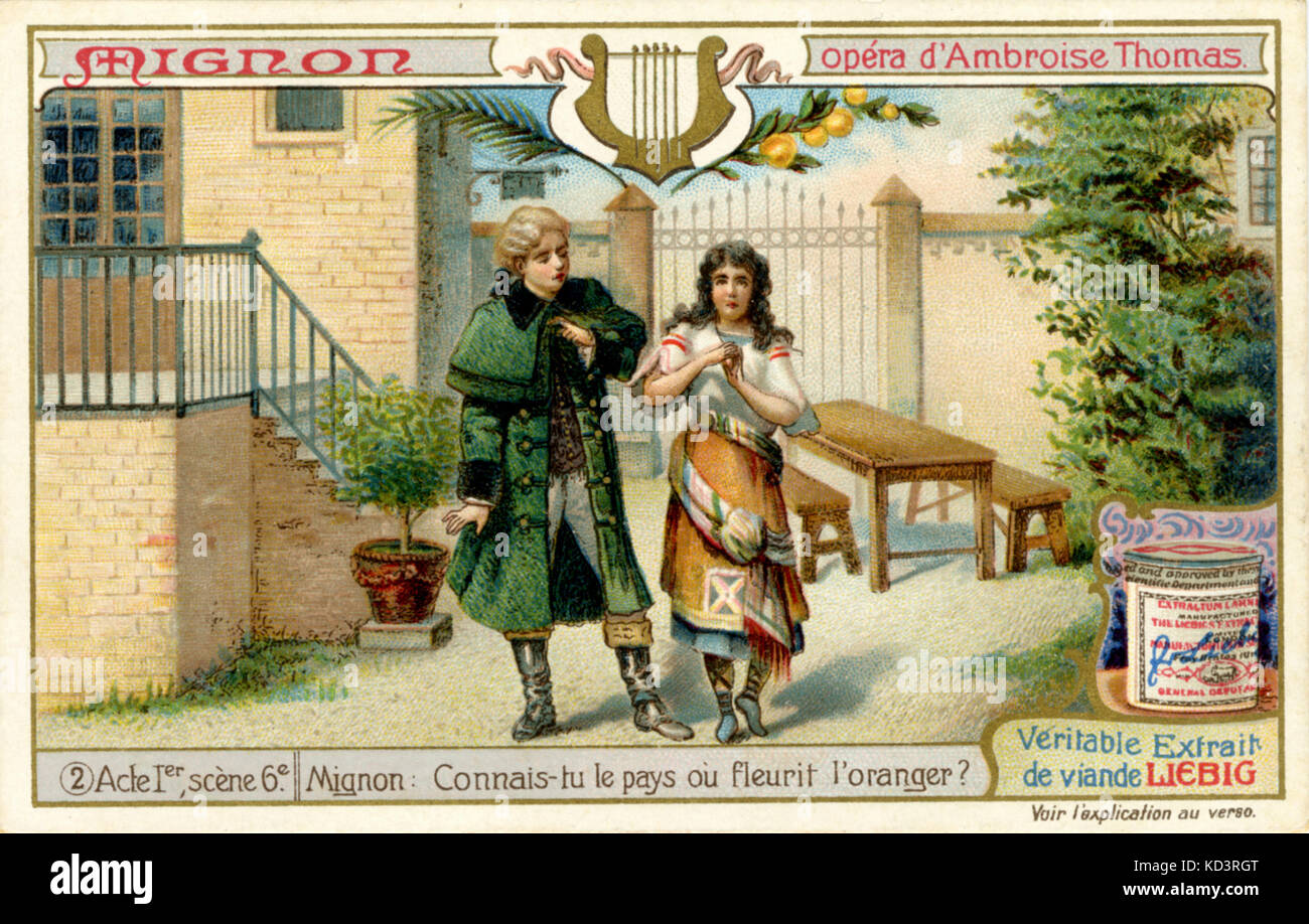 THOMAS, Ambroise - Mignon  Act 1 Scene 6 Lothario offers to protect Mignon who sings the famous aria 'Connais-tu le pays où fleurit l'oranger?'' Advertisement for Liebig meat extract French composer, 1811-1896 Stock Photo