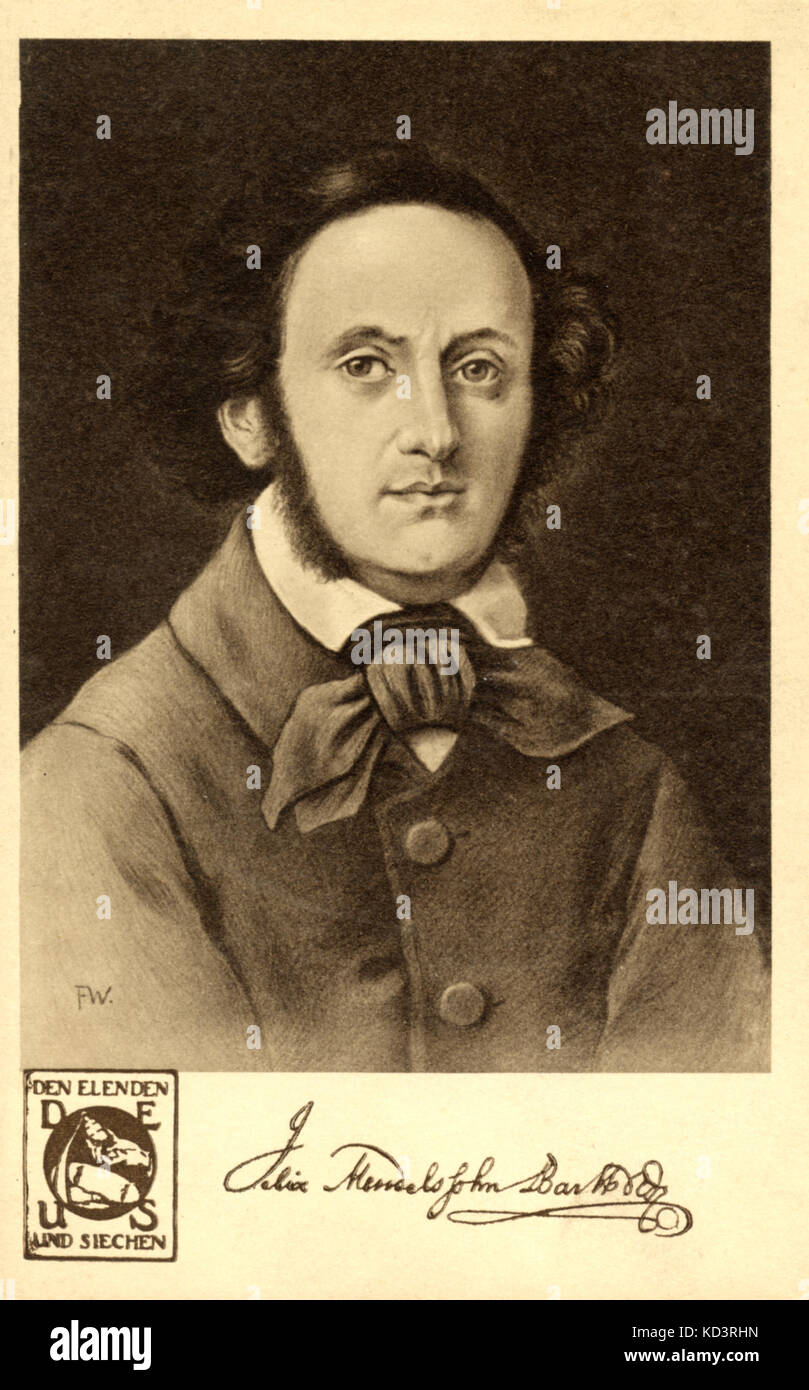 Signed portrait of Felix  MENDELSSOHN. signed 'Felix Mendelssohn-Bartholdy' Stock Photo