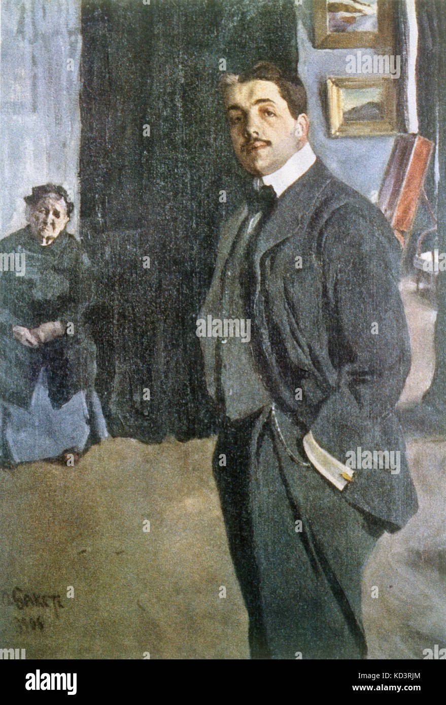 DIAGHILEV, Sergei after painting by  Leon Bakst (1866-1924) Standing, with his old nurse in background. Russian impresario, 1872-1929.Founder of  Ballets Russes . Ballet Russe, Ballets Russes Stock Photo