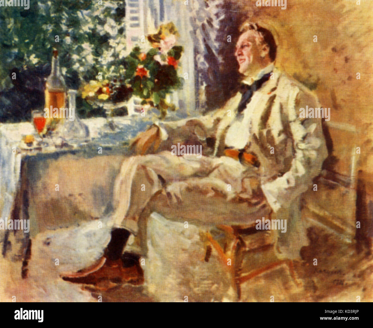 Fyodor CHALIAPIN -  portrait.  Russian bass sitting at table, 1911 - after painting  by K.Korovin (1861 -1939). FC:  11 February 1873 - 12 April 1938.  Feodor Shalyapin. Stock Photo