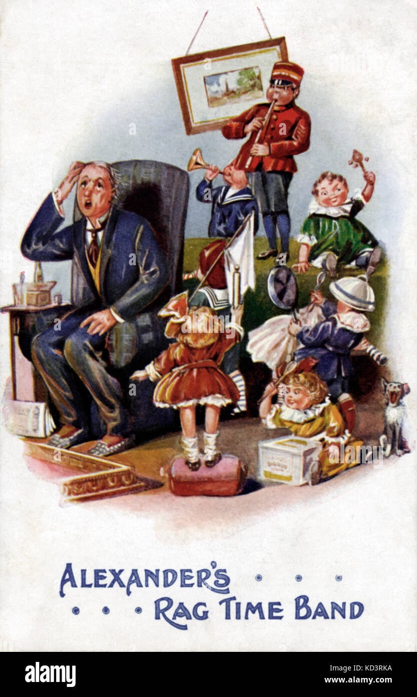 BERLIN, Irving  - Alexander's Ragtime Band - comic illustration. Music in the home - children making music with toys and kitchen utensils. American composer, 1888-1989. Rattle, trumpet, recorder, frying pan, rolling pin, wooden spoon, being played by noisy children. Harassed father figure. Stock Photo