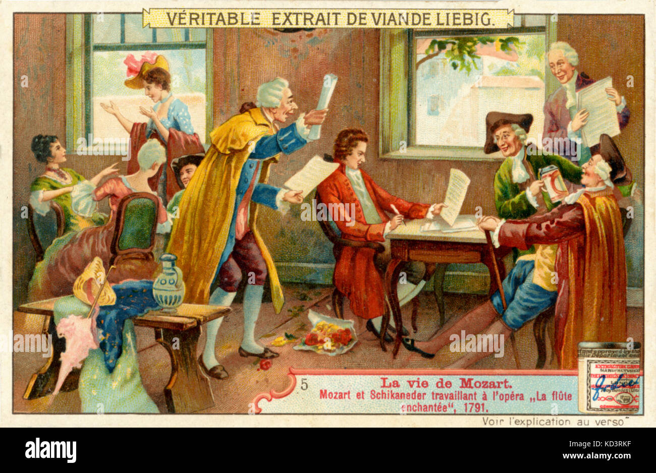 Wolfgang Amadeus Mozart's Magic Flute, 1791. Schikaneder and Mozart, Austrian composer, at work on the opera. From 'Viande Liebig'  Advert.  1756-1791 Stock Photo