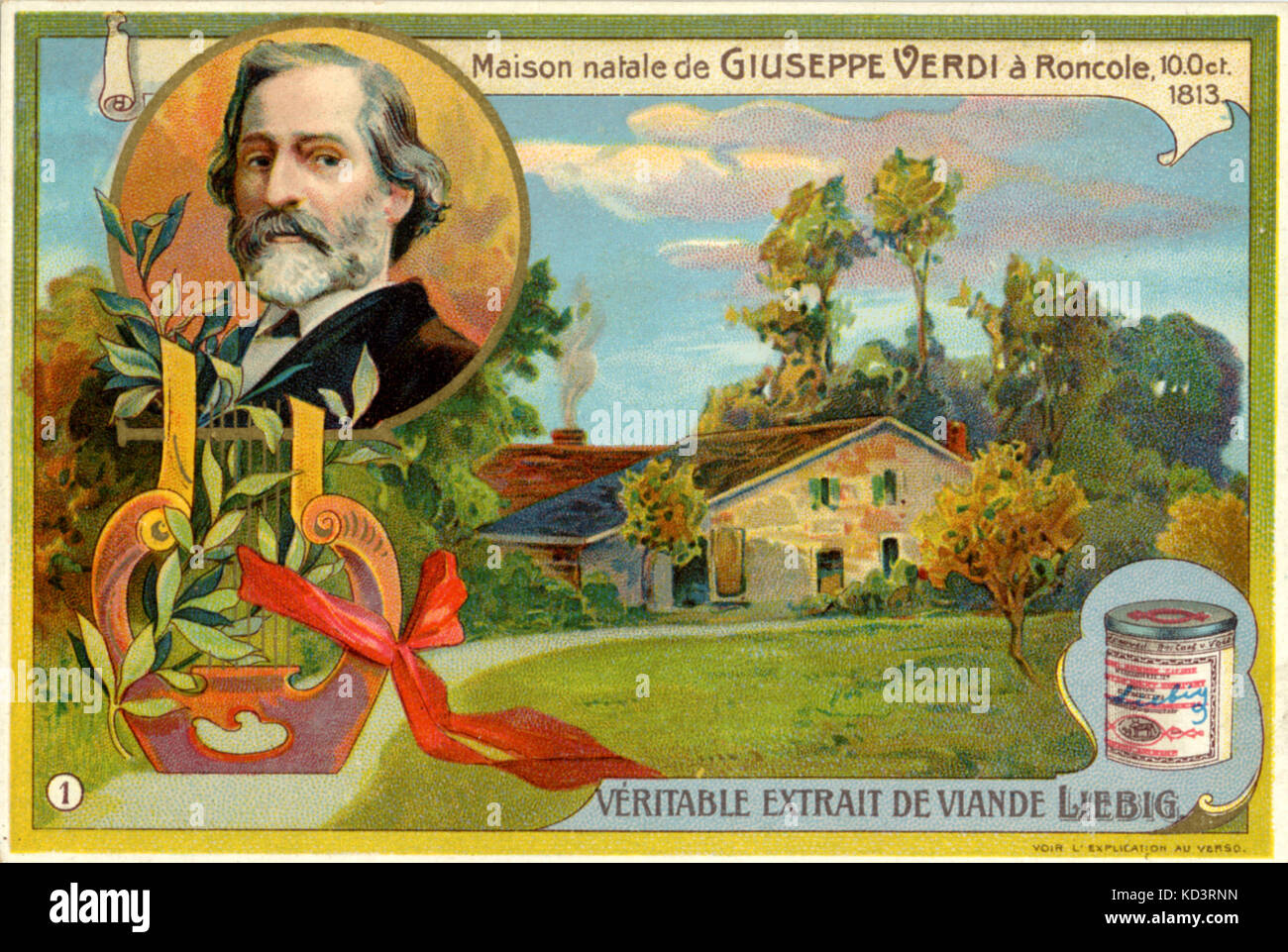 Giuseppe Verdi 's 'Birthplace & home at Roncole 10th October 1813'.  Advertisement for Viande Liebig extract showing the composer's portrait in medallion.   Italian composer (1813-1901). Stock Photo