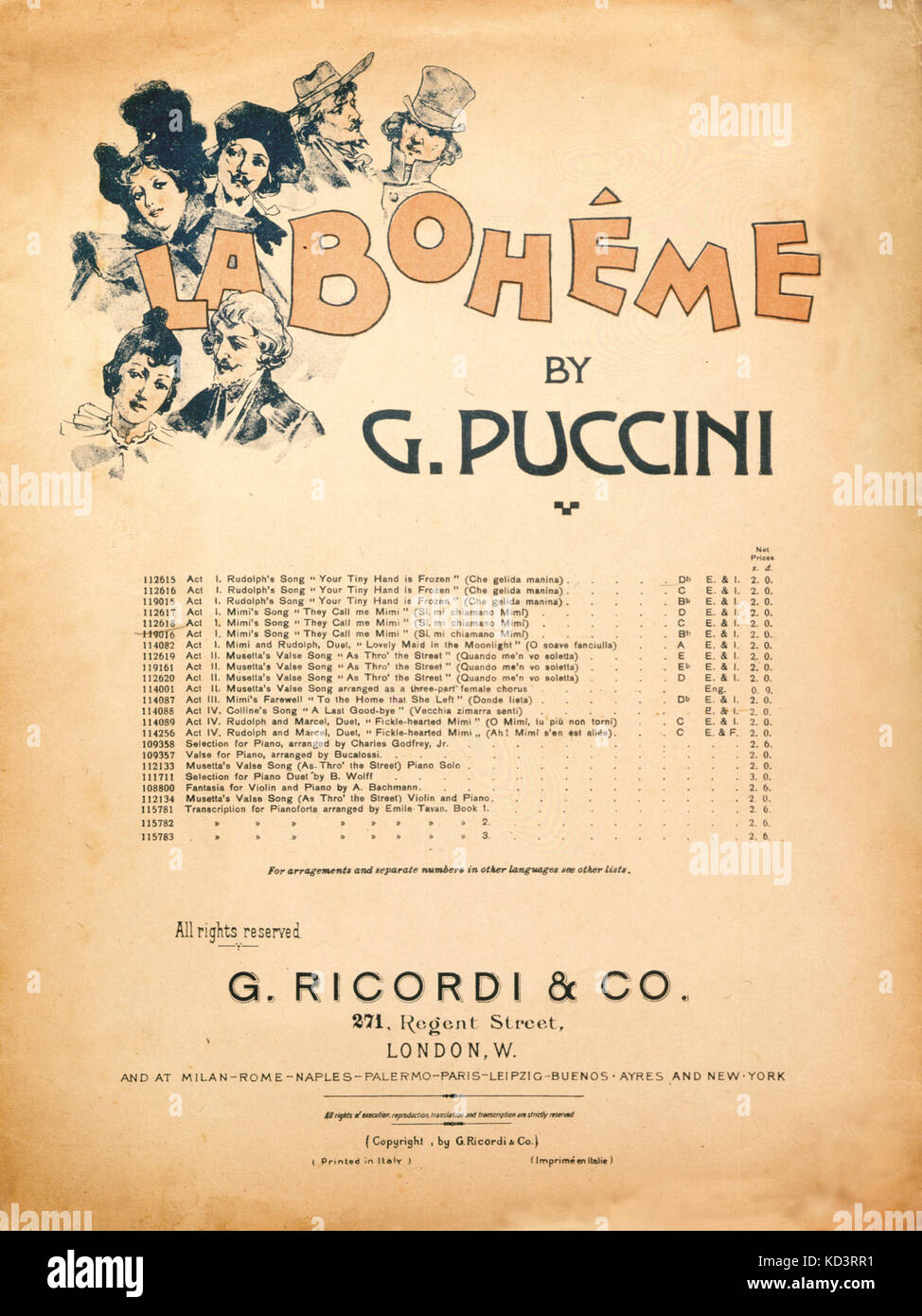 PUCCINI, Giacomo - Score Cover for La Boheme Published by G. Ricordi, London, 1909. Drawing. Italian composer, 1858-1924 Stock Photo