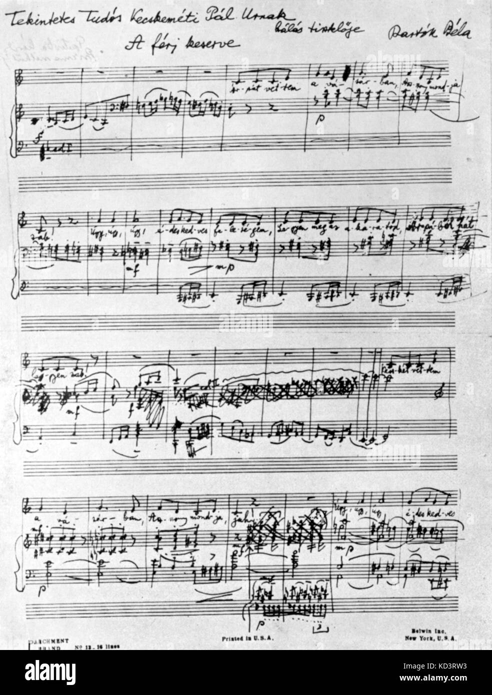 Bela Bartok  - handwritten manuscript. First page of score of popular Ruthenian song, 1945. Signed by Bartok.  Reproduced by Belvin Inc. New York Hungarian composer & pianist, 1881-1945. Stock Photo