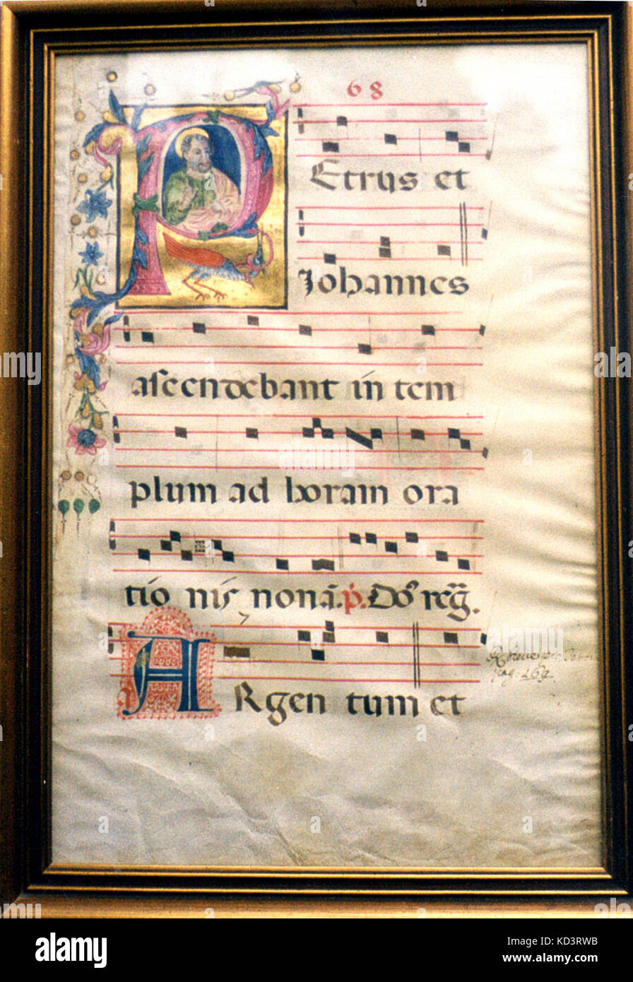 Illuminated manuscript with gold. Example of Gregorian chant. Plainsong. Italian. Middle Ages. Mensural notation. 4-line stave. St. Peter. Saint Peter. Stock Photo