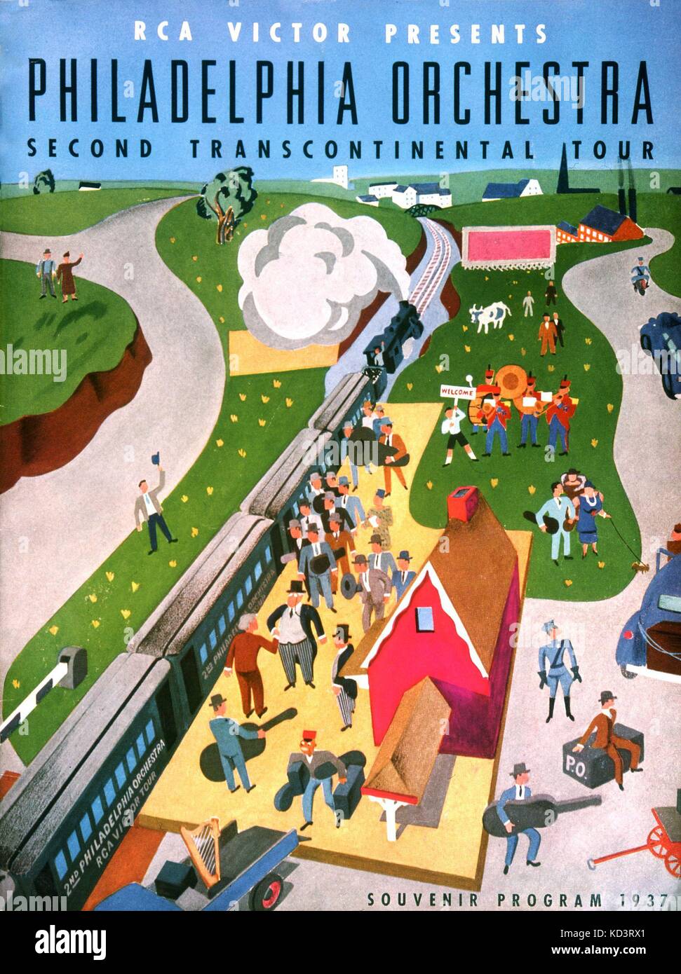 ORCHESTRA - Philadelphia Orchestra Souvenir programme, 1937.  Second transcontinental tour, Orchestra carrying instruments on tour arriving by train in Middle American railway station. (RCA Victor) Stock Photo
