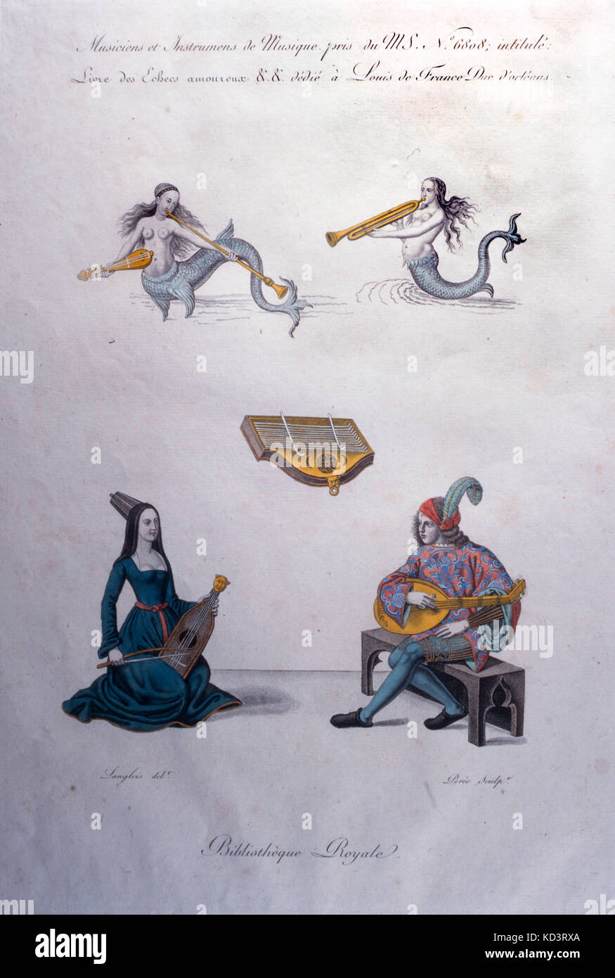 Medieval instruments - Mermaids pictured playing rebec, straight trumpet, and natural trumpet. Zither in centre. Lady and Gentleman of playing and lute respectively. Stock Photo