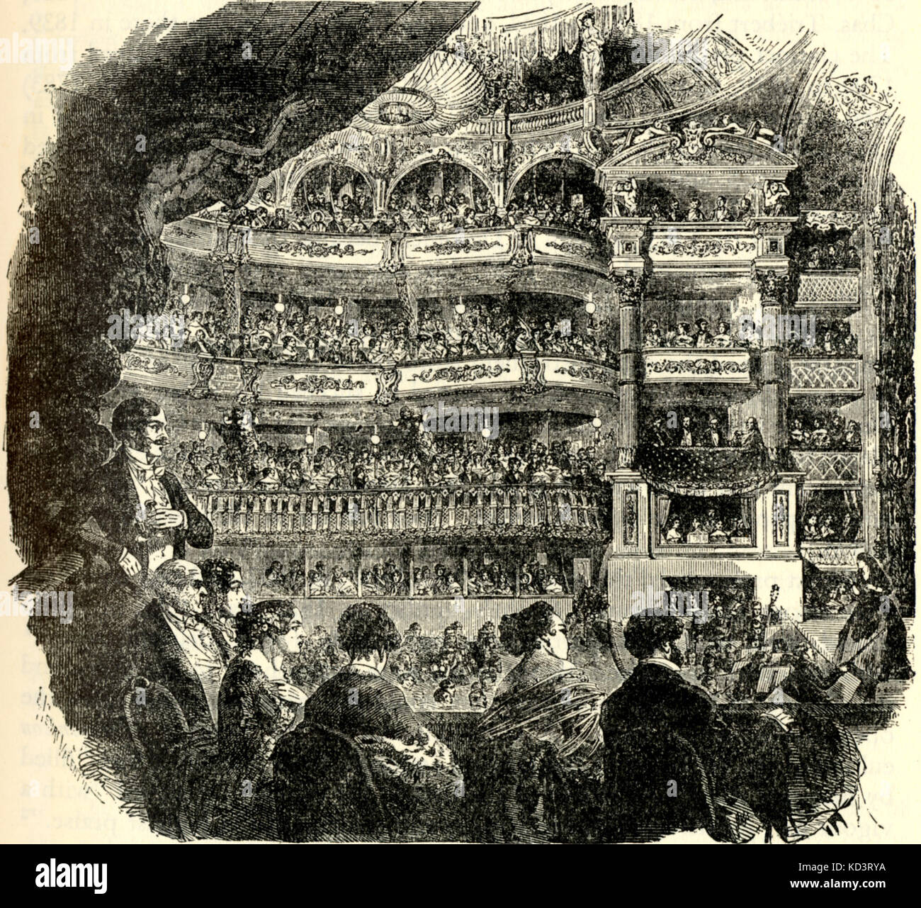 PARIS -19th century performance at Salle Ventadour 1850. Audience pictured. Conductor with violin bow. Stock Photo