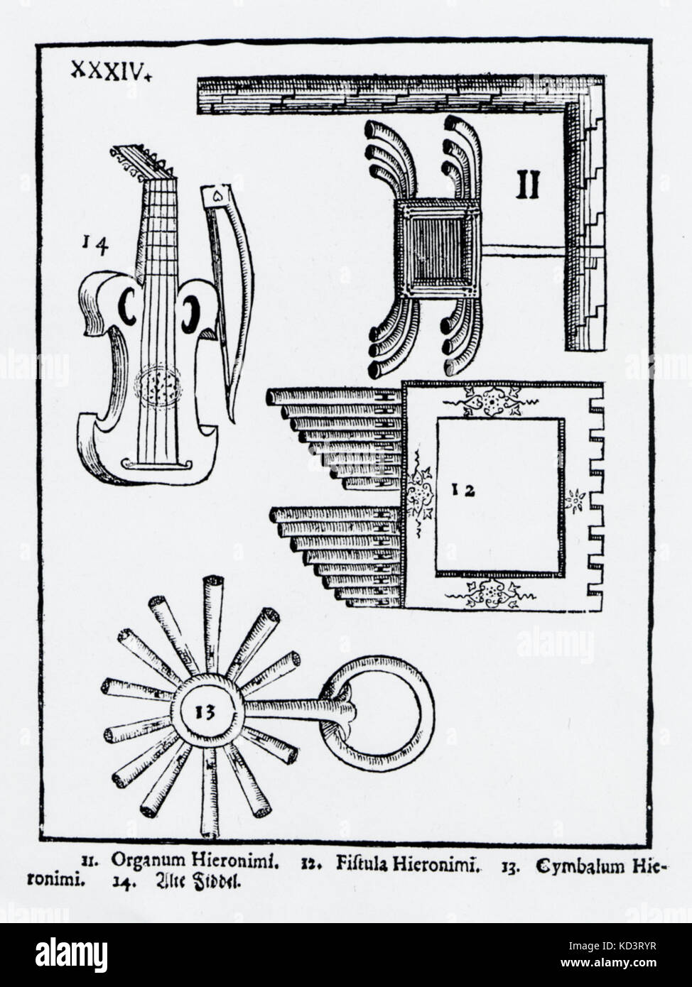 Plate XXXIV from Praetorius's 'Syntagma Musicum' showing: 11. Tuning device 12. Tuning pipes 13. Tuning chimes 14. Old 'Fiddel'.  Dated 1619.  16th century Renaissance, 17th century early Baroque.  Praetorius: German composer and musicologist of sacred and profane music, 18 February 1571 - 15 February 1621. Stock Photo